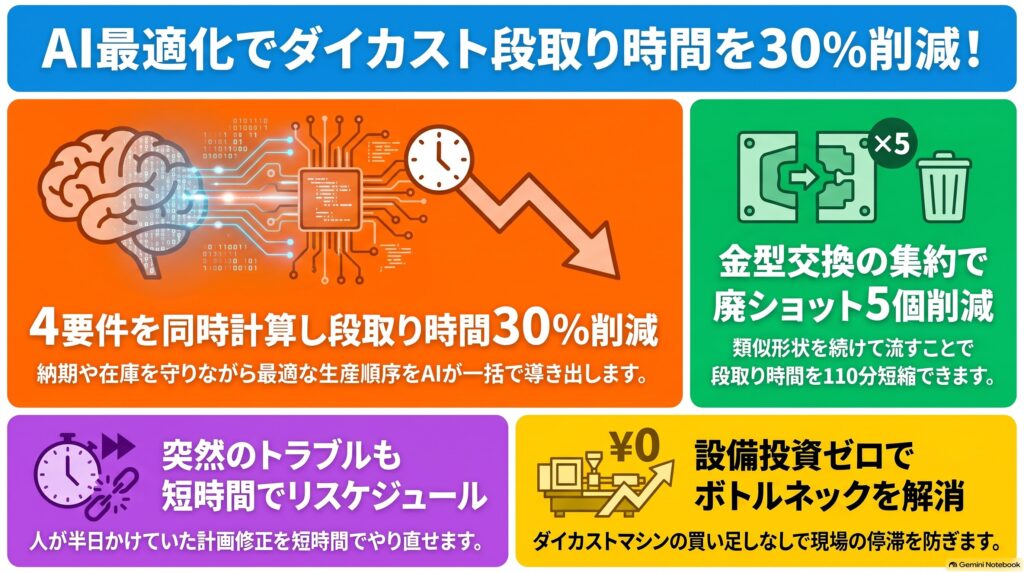 金属部品・アルミダイカストのAI生産スケジューリング 第3回 解決策 インフォグラフィック
