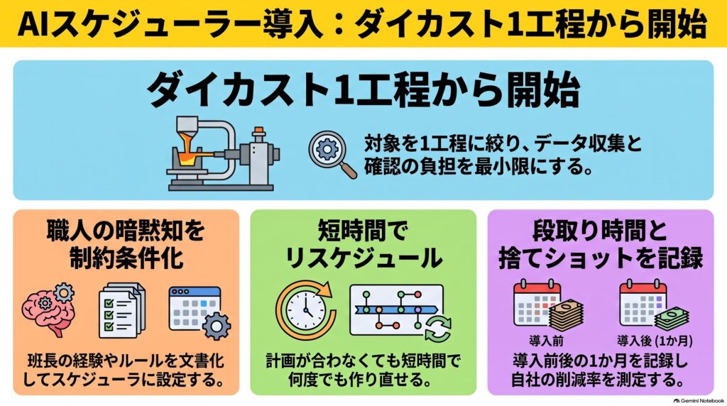 金属部品・アルミダイカストのAI生産スケジューリング 第5回 失敗しない導入 インフォグラフィック