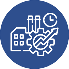 工場・歯車・時計のアイコンに右上がりの矢印が重なったイメージ画像