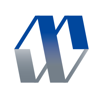 Abstract, interlocking blue and gray ribbon logo forming the letters 'AW' on a black background.
