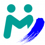 Teal abstract logo of two people embracing, forming a heart with a blue brush stroke underneath.