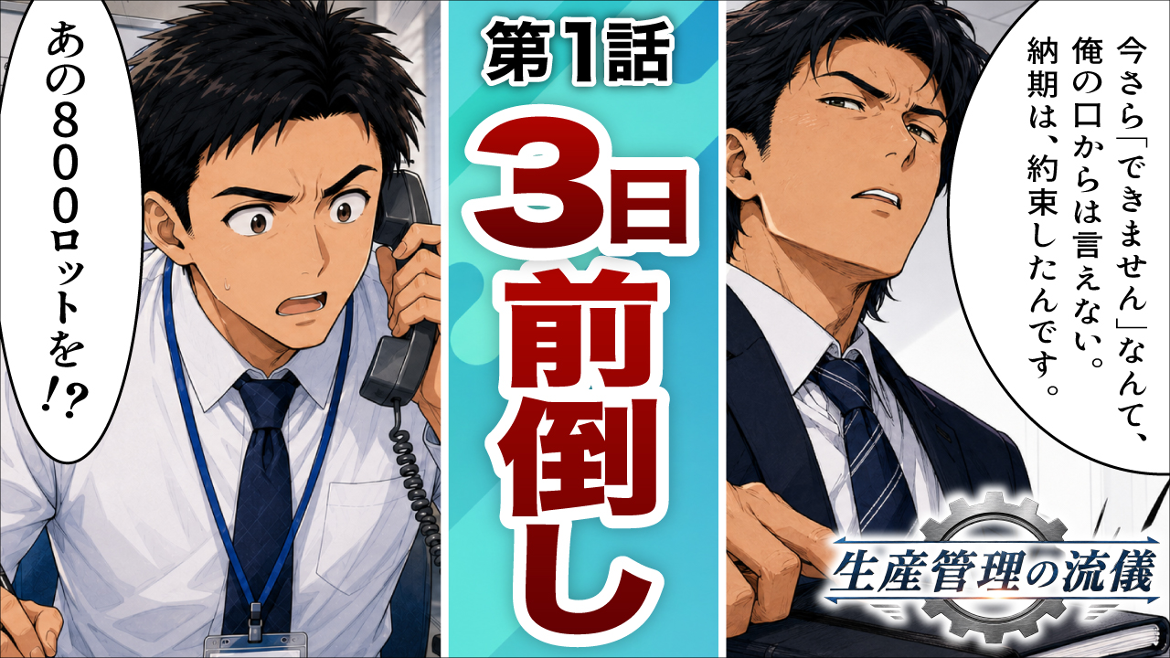 Three-panel manga cover: left a man in a shirt and tie talking on a phone; middle turquoise panel shows large text 第1話 3日前倒し; right a stern man in a suit with a speech bubble about deadlines, plus a gear emblem labeled 生産管理の流儀.
